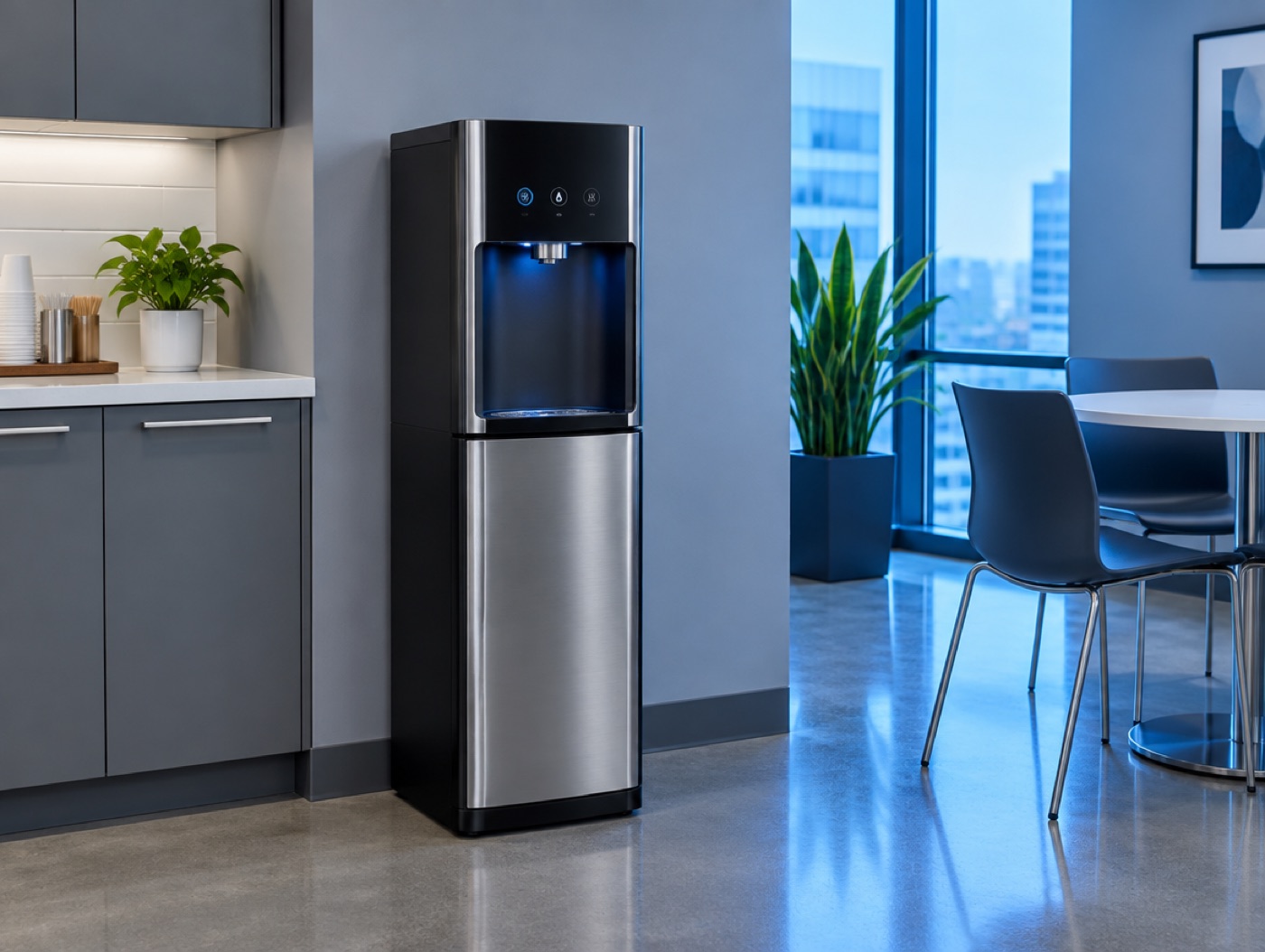 A bottleless cooler in an office break room