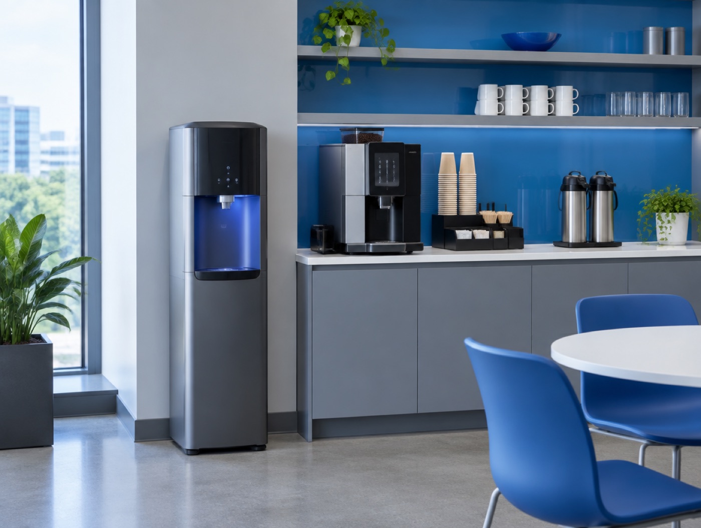 A cooler beside an office coffee station
